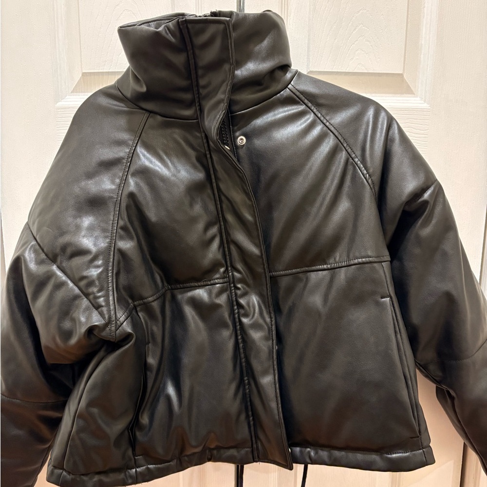 TOPSHOP Black Leather Women’s Puffer Jacket